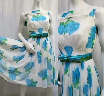 Vintage 1950s JR THEME Blue Floral Chiffon Full Skirt Dress - Size S • $81
