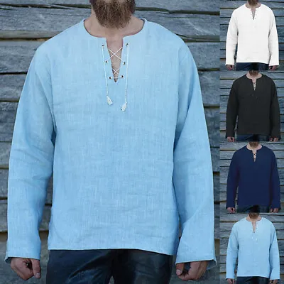 Mens Henley Shirts Casual Blouse Grandad Long Sleeve Lace Up Tunic Tops Pullover • £4.49