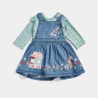 BNWT Mothercare Baby Girls 1-3 Months Denim Pinny Dress And Bodysuit 14.5 Lbs • £7.99