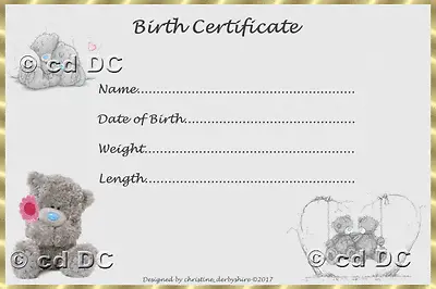 ME2U BEAR STYLE  BIRTH CERTIFICATE/CERTIFICATES REBORN FAKE BABY Approx 7x5  • £1.40