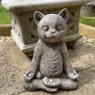 Meditating Cat Stone Garden Statue | Outdoor Animal Sculpture Kitten Ornament • £24.99