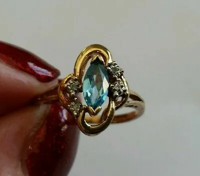 Vintage 10k Yellow Gold Diamond Aquamarine  Engagement Wedding Gemstone Ring • $599