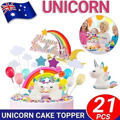 21Pcs/Set Unicorn Cake Topper Kit Cloud Rainbow Happy Birthday Banner Decoration • $17.49