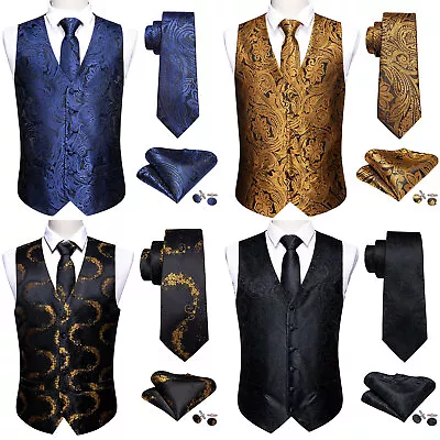 Formal Vest Tie Set Paisley Mens Silk Waistcoat Tuxedo Gilet Hankie Cufflinks • £12.99