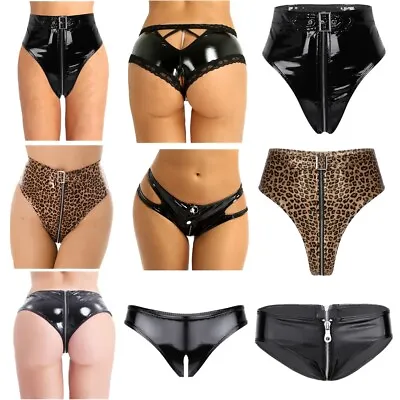 Plus Size Women Shiny Leather Shorts Open Crotch Briefs Panties Thong Underwear • £10.03