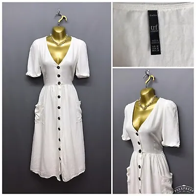 ZARA TRF Collection Cream Cotton Linen Buttoned Tea Dress Medium Lined • £16.95