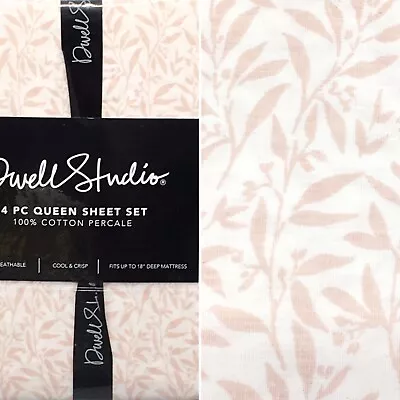 4pc Dwell Studio Botanical QUEEN Sheet Set Leaf Dusty Pink White Cotton Percale • $83.69