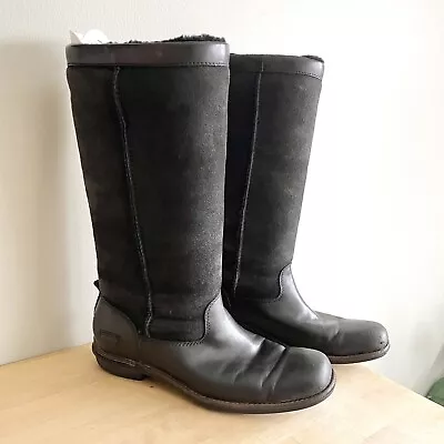 Women's UGG Size 8 Brooks Shearling Leather Sheepskin Tall Boots Black Suede • $18