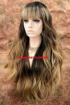 Full Wig Long Wavy Layered W Bangs Middle Part Ombre Brown Golden Blonde Mix Nwt • $59.95