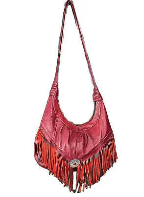 £73.52 • Buy Vintage Burgundy Leather Fringe Shoulder Bag Tote Bag Western Boho Hippie Hobo