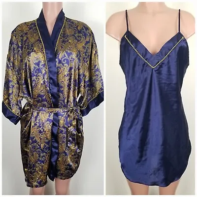 Vintage Kathryn Blue Satin Nightgown Peignoir Robe Set Large USA • $29.69