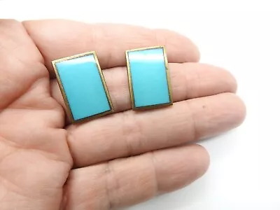 Blue Turquoise Stone Glass Gold Tone Metal Rectangle Pierced Earrings Vintage • $8.29