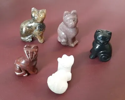 Lot Of 5 Miniature Cats Carved Real Stone Beautiful Colors 1.5 To 2  Vintage • $39.99