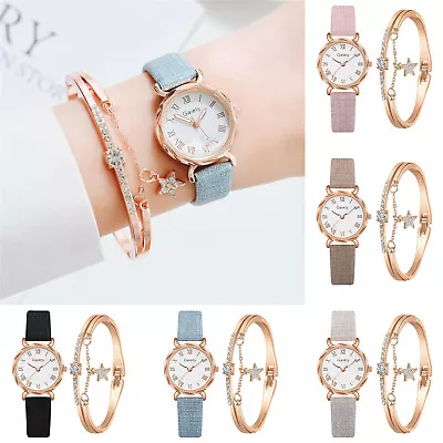 Womens Fashion Luxury Alloy Quartz Watch Thin Leather Band Watch Bangle Set Gift • $10.99