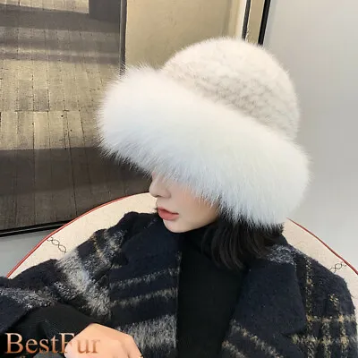 Womens Warm Elegant Real Mink Fur Hat Knitted Cap Beanie Earmuff W Fox Fur Brim • $34.96