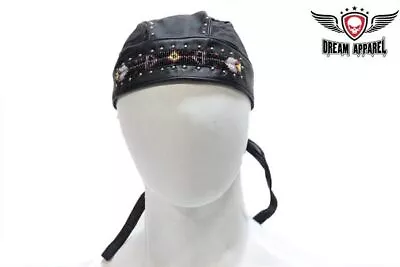 Classic Black Leather Doo Rag Biker & Fashion Cap W/ Beads And Studs • $18.99