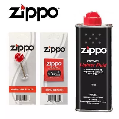 Zippo Cigarette Lighter Premium FLUID Petrol Refill 125ml + Wick + Flints  • $16.69