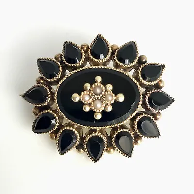 Antique Victorian 14K Gold Jet Black Onyx & Seed Pearl Mourning Brooch/Pendant • $225