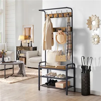 Industrial Hall Tree With Bench & Shoe Storage Coat Rack Shoe Bench With 9 Hooks • $59.99