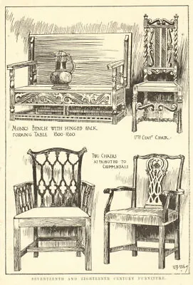 £10.99 • Buy 17C 18C Furniture. Monks Bench Hinged Back Table. Chippendale Chair 1907 Print
