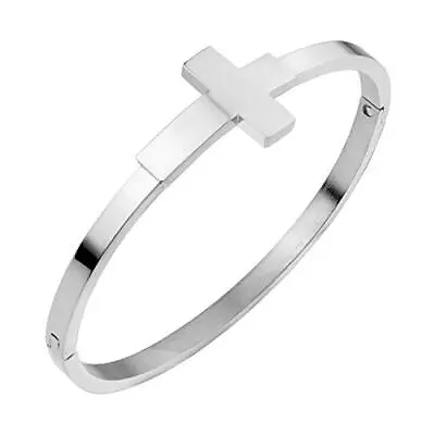 555Jewelry Stainless Steel Sideways Unisex Cross Cuff Bangle Bracelet • $14.99