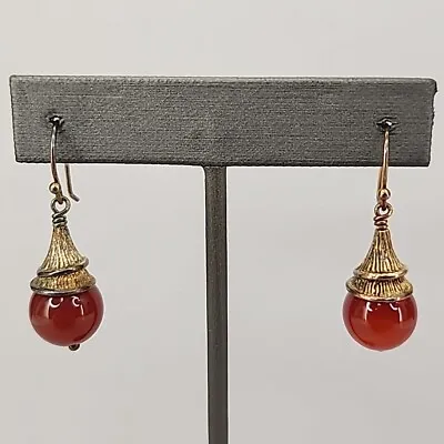 Carnelian Earrings Vtg Pierced Dangle Orange Round Ball Gold Tone Capped 1 3/8  • $25