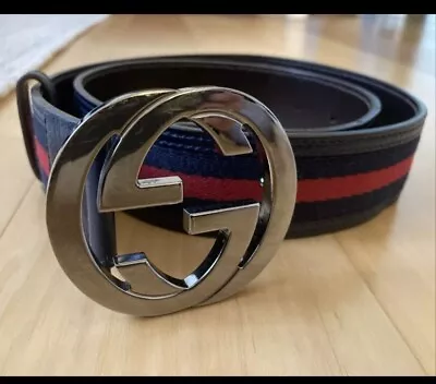 Authentic Gucci Web Belt Men Navy Blue - Red Small 39  Long • $155