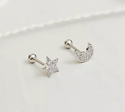 S925 Sterling Silver Gold Silver Tone Pave CZ Moon Star Screw Back Earrings • $11.98