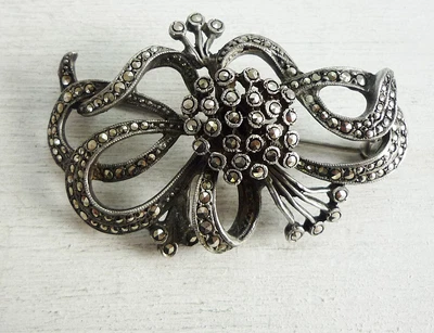 £1 • Buy Large Art Deco Silver Marcasite Brooch.