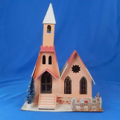 Vintage Christmas VILLAGE CHURCH & BELL TOWER Putz Cardboard House W Tree Japan • $22.95