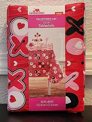 Celebrate Red Valentine Hearts Vinyl Tablecloth With X's & O's 60x84 Love Table • $16.59