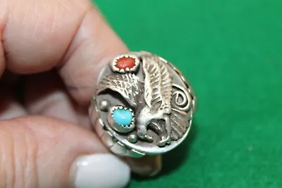 Navajo Sterling Eagle Torquoise Coral Men's Ring Size 11.5 Signed Cody Hunter • $100