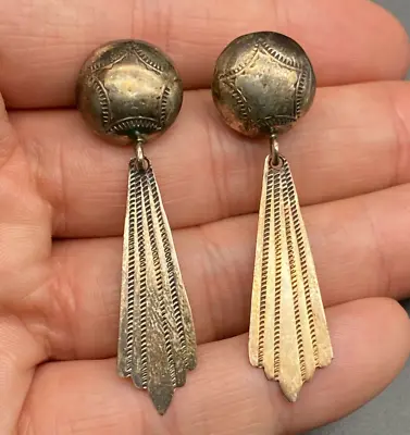 Vintage Navajo Silver Hand Stamped Bead Dangle Earrings • $135