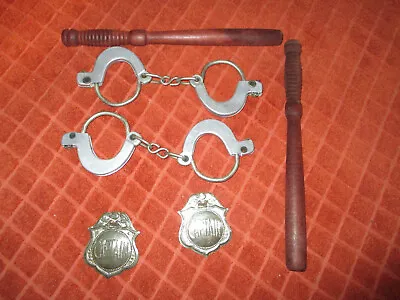 $12.99 • Buy Vintage Police Pretend Play Set - 2 Captain Badges 2 Handcuffs 2 Wood NightStick