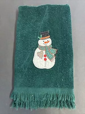 Vintage Embroidered Snowman Green Hand Towel 22”x 14” Seasonal FS • $11.99