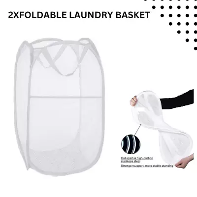 2 Pack Mesh Pop Up Laundry Basket Collapsible Hamper Bins White Kids Room • £5.99