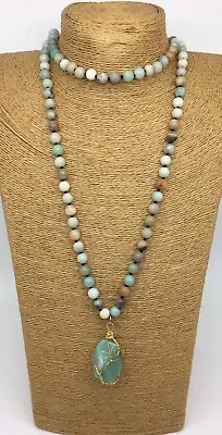 $18.95 • Buy 8mm Handmade Stone Long Knot Amazonite Stones Natural Green Pendant Necklace