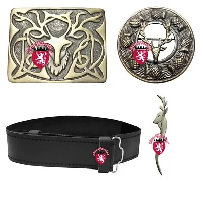 HS Scottish Kilt Outfit Black Leather Plain Belt Buckle Pin & Brooch Stag Head • £26.99