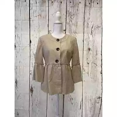 Dressbarn Jacket Short 3/4 Length Sleeve Button Up Tan W/ Metallic Gold • $16