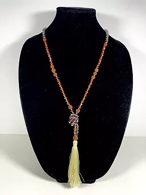 Zacasha Faceted Glass & Mala Bead Tassel Necklace W/Mercedes Emblem Tag • $18.50