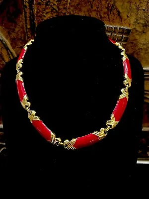 Monet Gorgeous Link Chain Red Enamel Gold Tone Collar 17  Necklace Vintage • $65