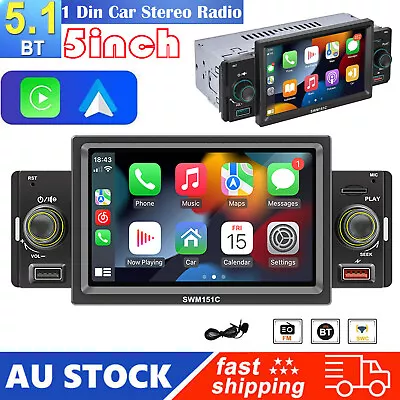 Single 1 Din 5.1  Car Stereo Radio Apple/Android Carplay Bluetooth FM RDS Player • $74.40