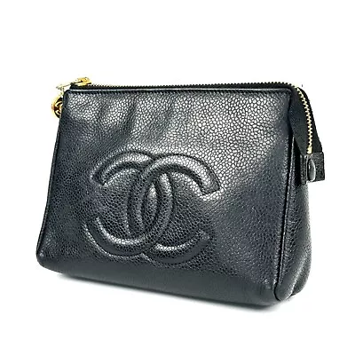 CHANEL Pouch Makeup Case COCO Mark Caviar Skin Black Vintage X03-0270 • $199.99