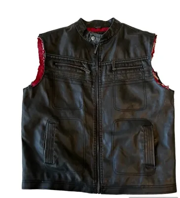 Mens Vegan Leather Brave Soul Black Vest M Raw Edge Sleeves Jacket Moto Pockets • $12