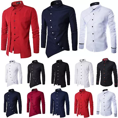 Mens Long Sleeve Casual Slim Fit Tops Formal Business Wedding Button Lapel Shirt • £19.06