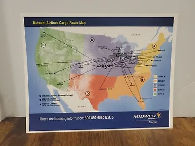 Midwest Airlines Cargo Route Map Color Cardstock Print 8.5 X 11 In New Old Stock • $9.99