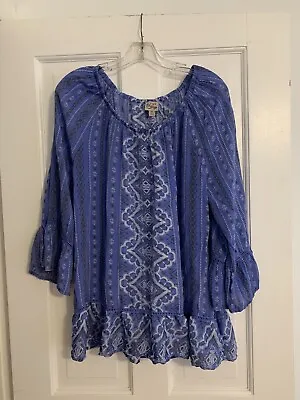 Como Vintage Womens 2X Blue  FlorGrayal Pullover Off The Shoulder Boho Top • $22.95