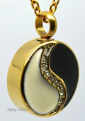 Cremation Urn Pendant Keepsake Necklace 24k Gold Plated CZ Yin Yang Dualism • £28.99
