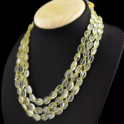 422.50 Cts Natural 3 Line Yellow Citrine Oval Shape Beads Hand Made Necklace • $35