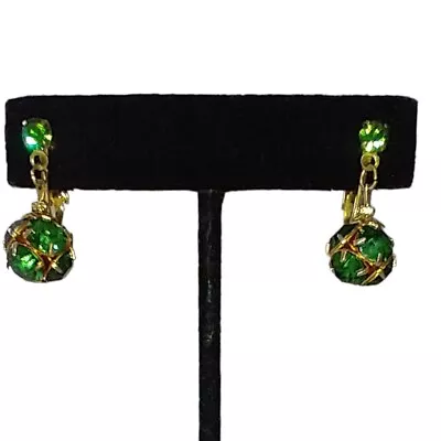 Victorian Austrian Crystal Earrings Dangle Art Deco Green Clip On Gold Tone Vtg  • $18.74